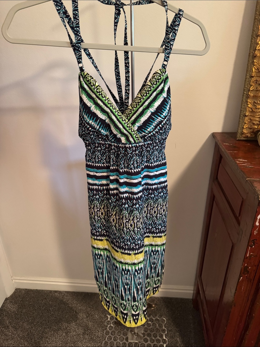 Athleta Midi Dress with Teal, Yellow Black & White Print